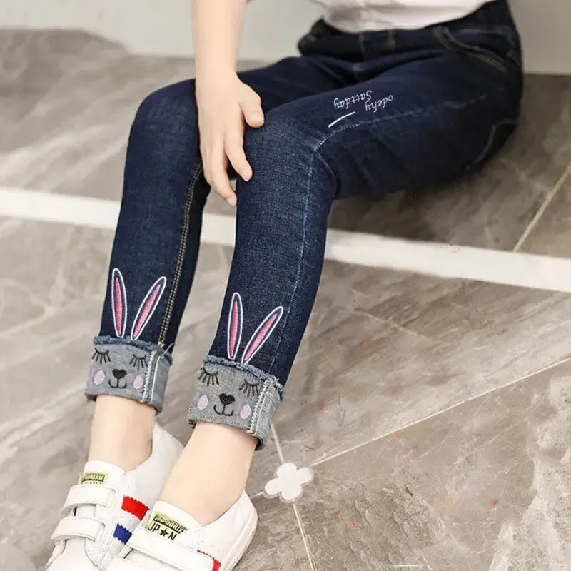 2024 Autumn Girls Jeans Cartoon Applique Denim Trousers Children's Stretch Waist Solid Pants Casual loose jeans