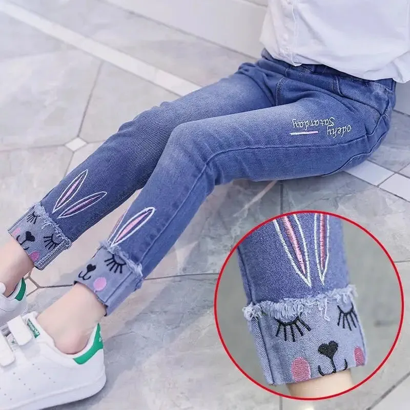 2024 Autumn Girls Jeans Cartoon Applique Denim Trousers Children's Stretch Waist Solid Pants Casual loose jeans