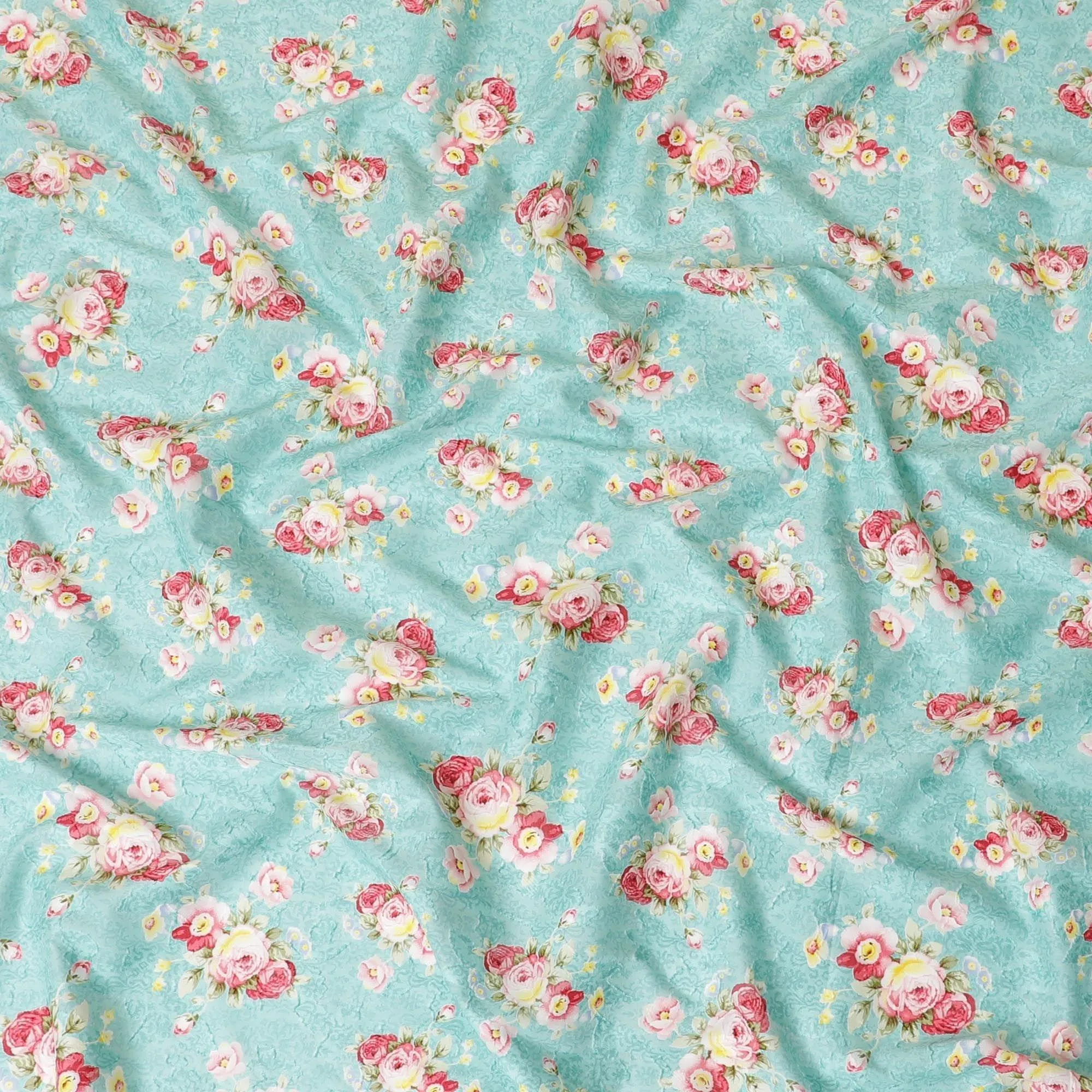 Baby blue uragiri cotton voile fabric with same tone jacquard having olive green, cerise pink, off white and sun flower yellow print in floral design-D7349