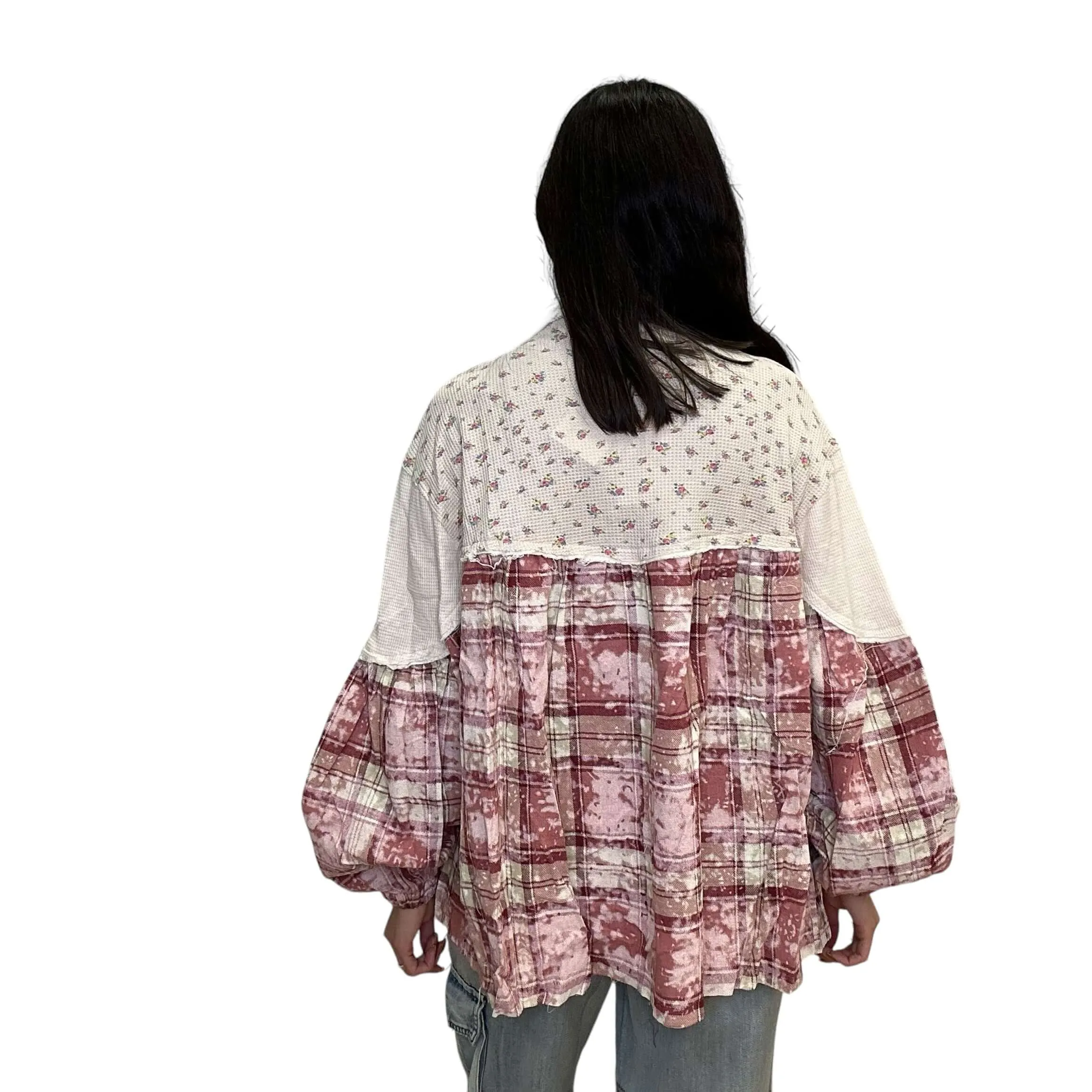 Balloon Sleeve Plaid Knit Shirt