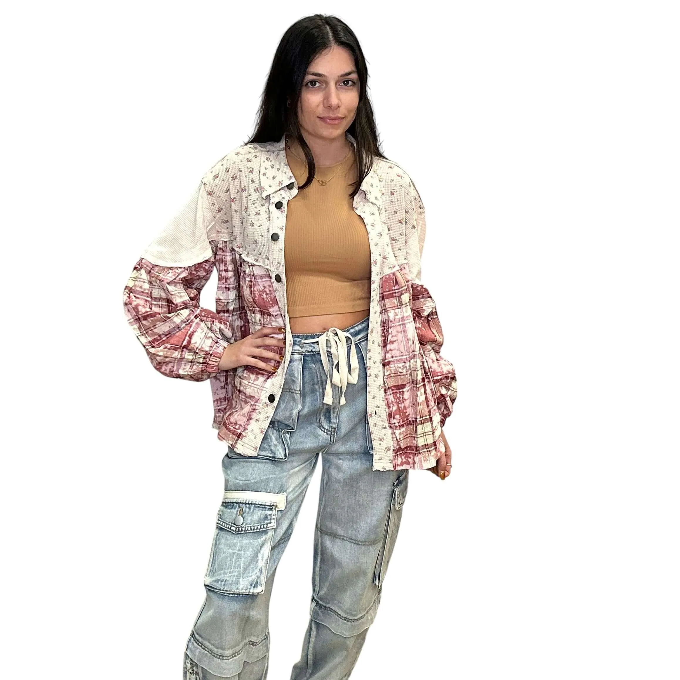 Balloon Sleeve Plaid Knit Shirt