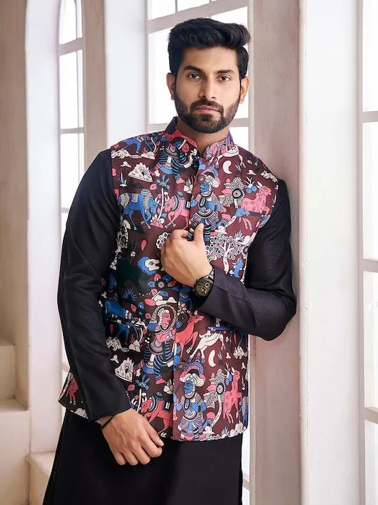 Black Printed Nehru Jacket