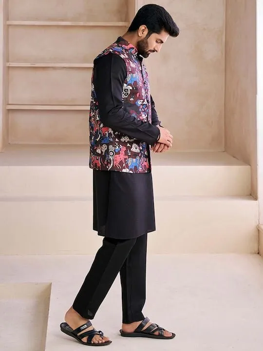 Black Printed Nehru Jacket