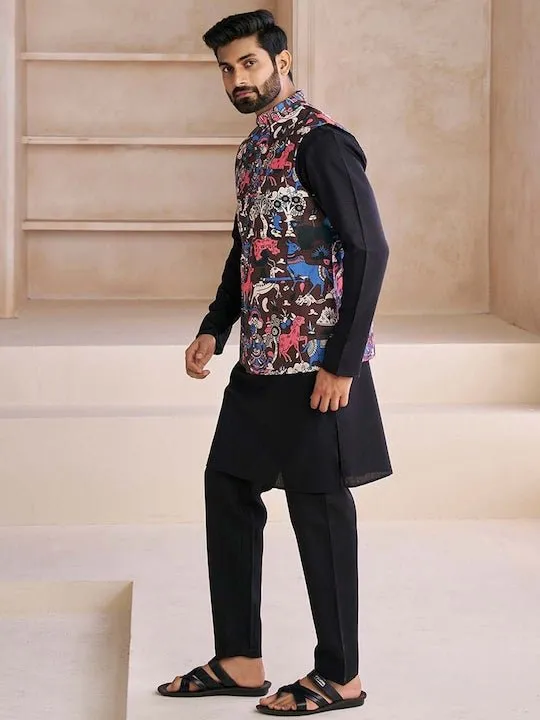 Black Printed Nehru Jacket