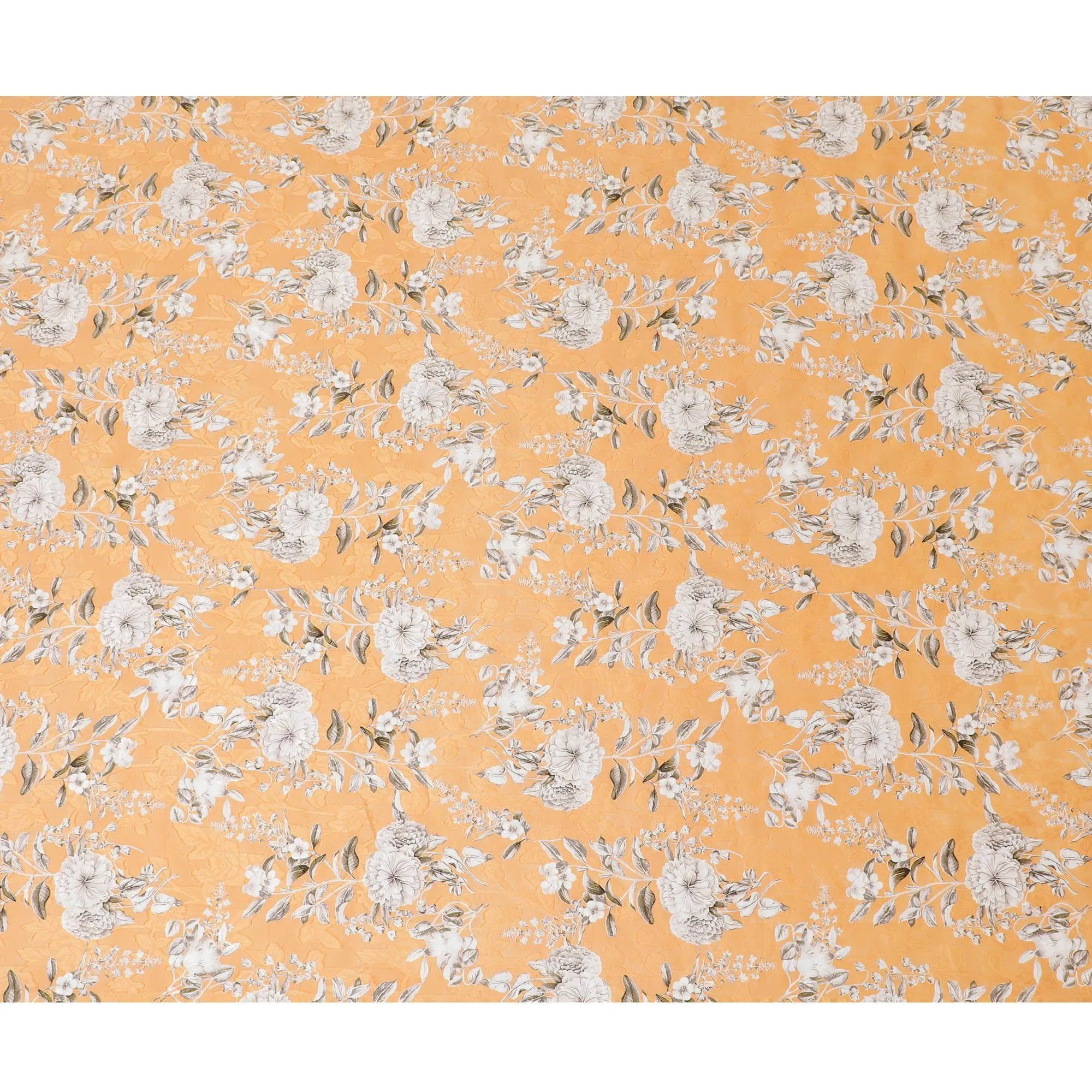 Cantaloupe orange uragiri cotton voile fabric with same tone jacquard having white, black and pale brown print in floral design-D14315