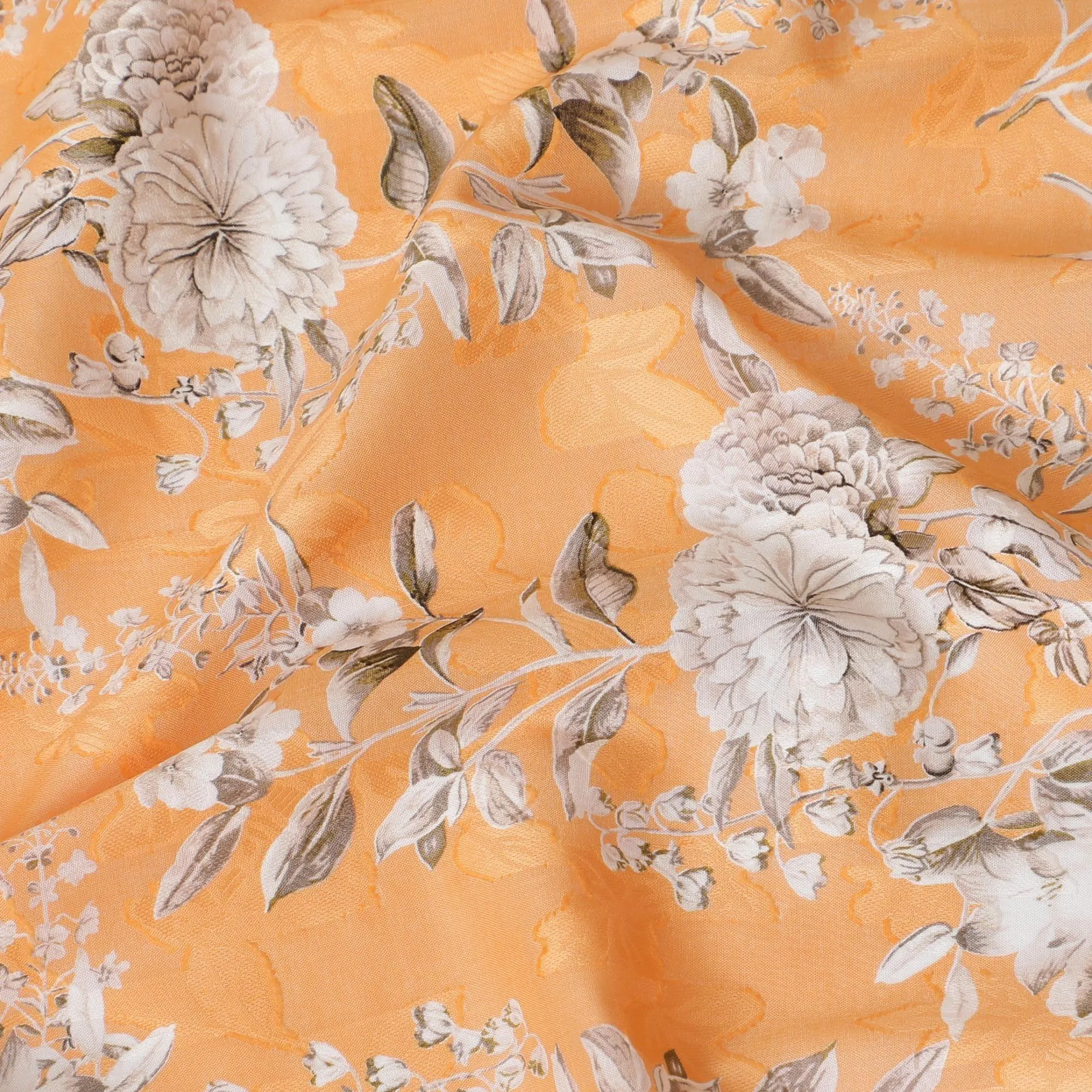 Cantaloupe orange uragiri cotton voile fabric with same tone jacquard having white, black and pale brown print in floral design-D14315
