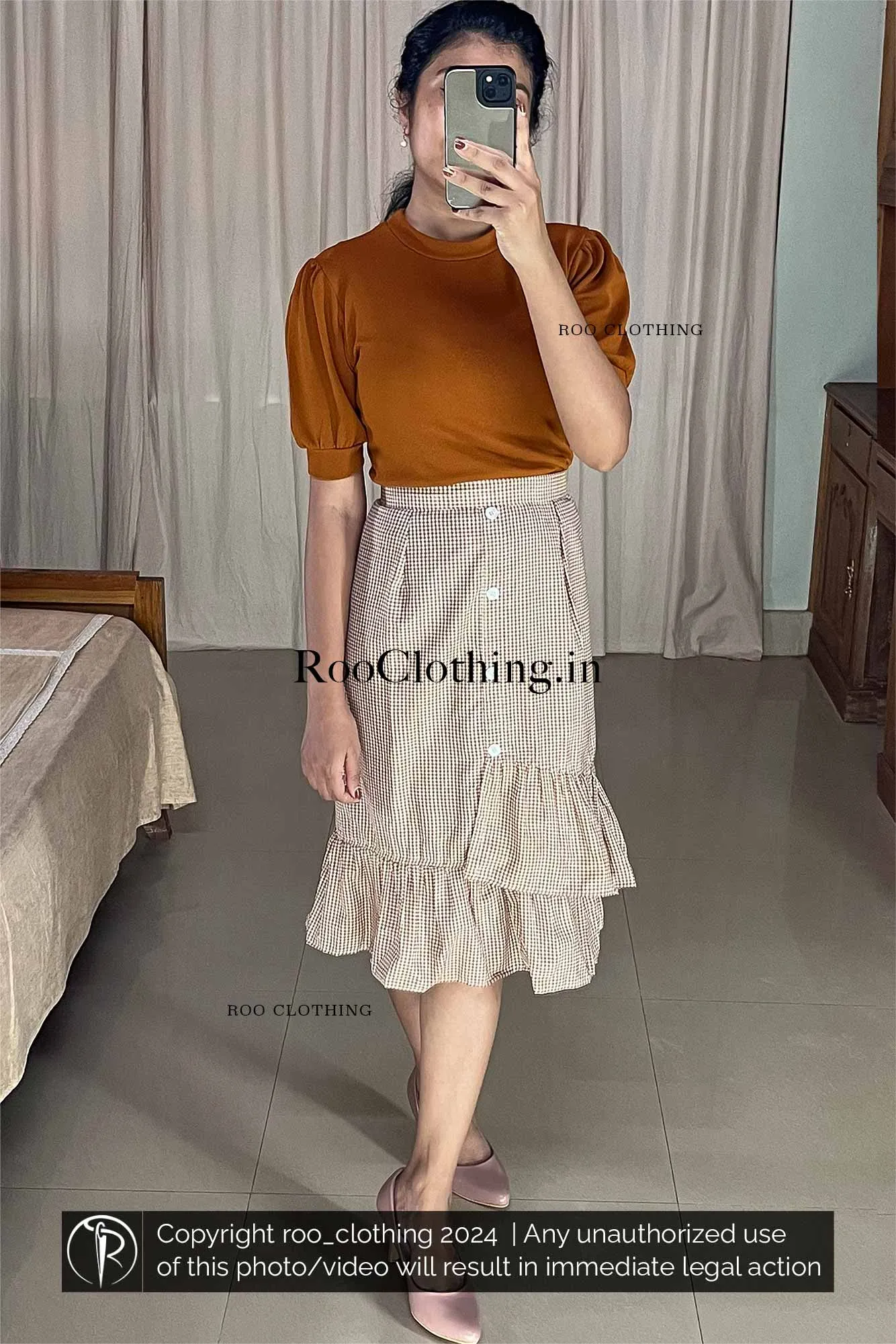 Caramel And White Check Skirt Only