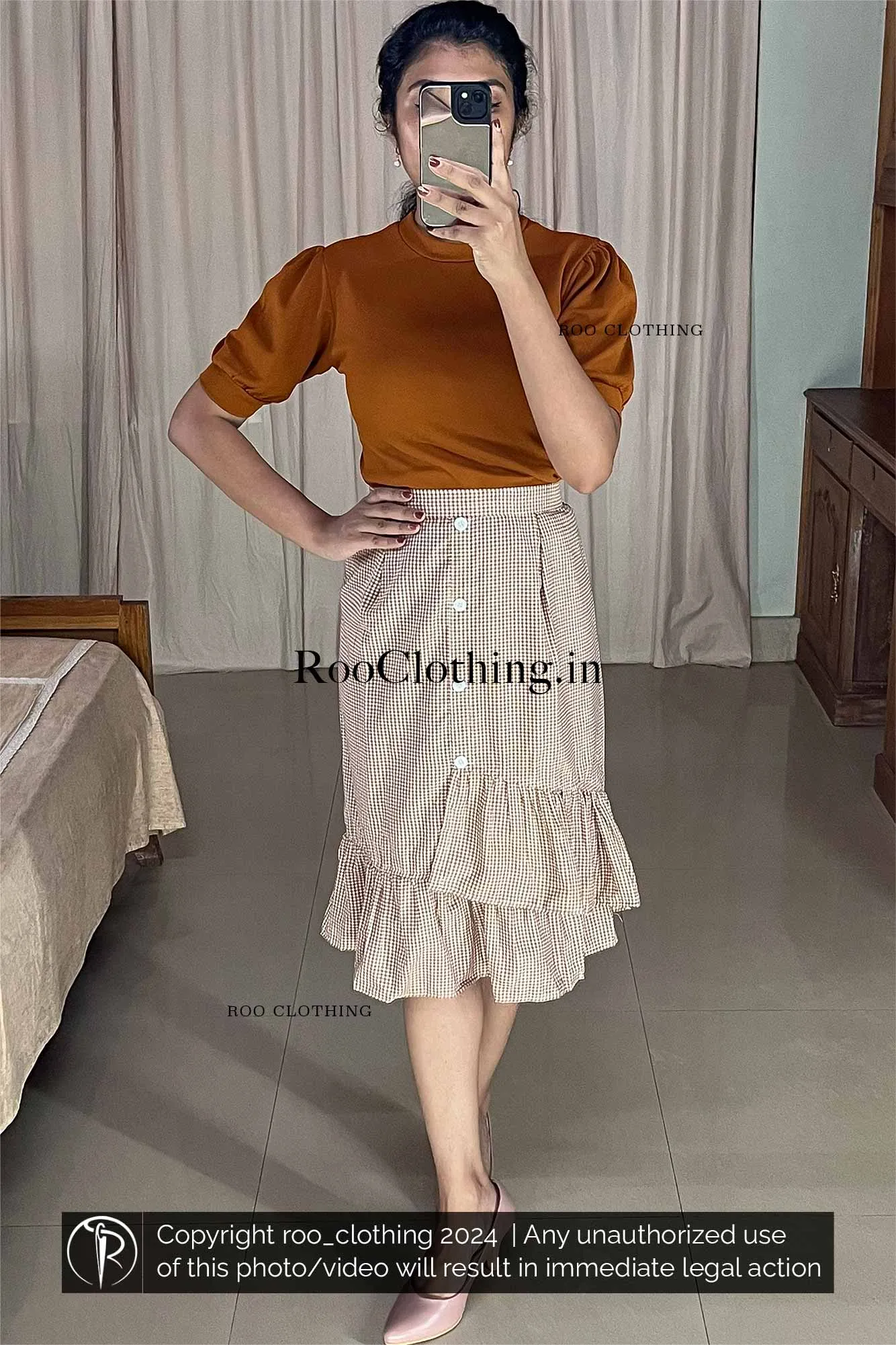 Caramel And White Check Skirt Only