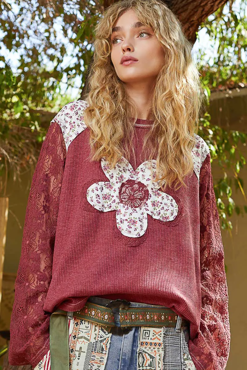 Cason Lace Sleeve Thermal Top by POL