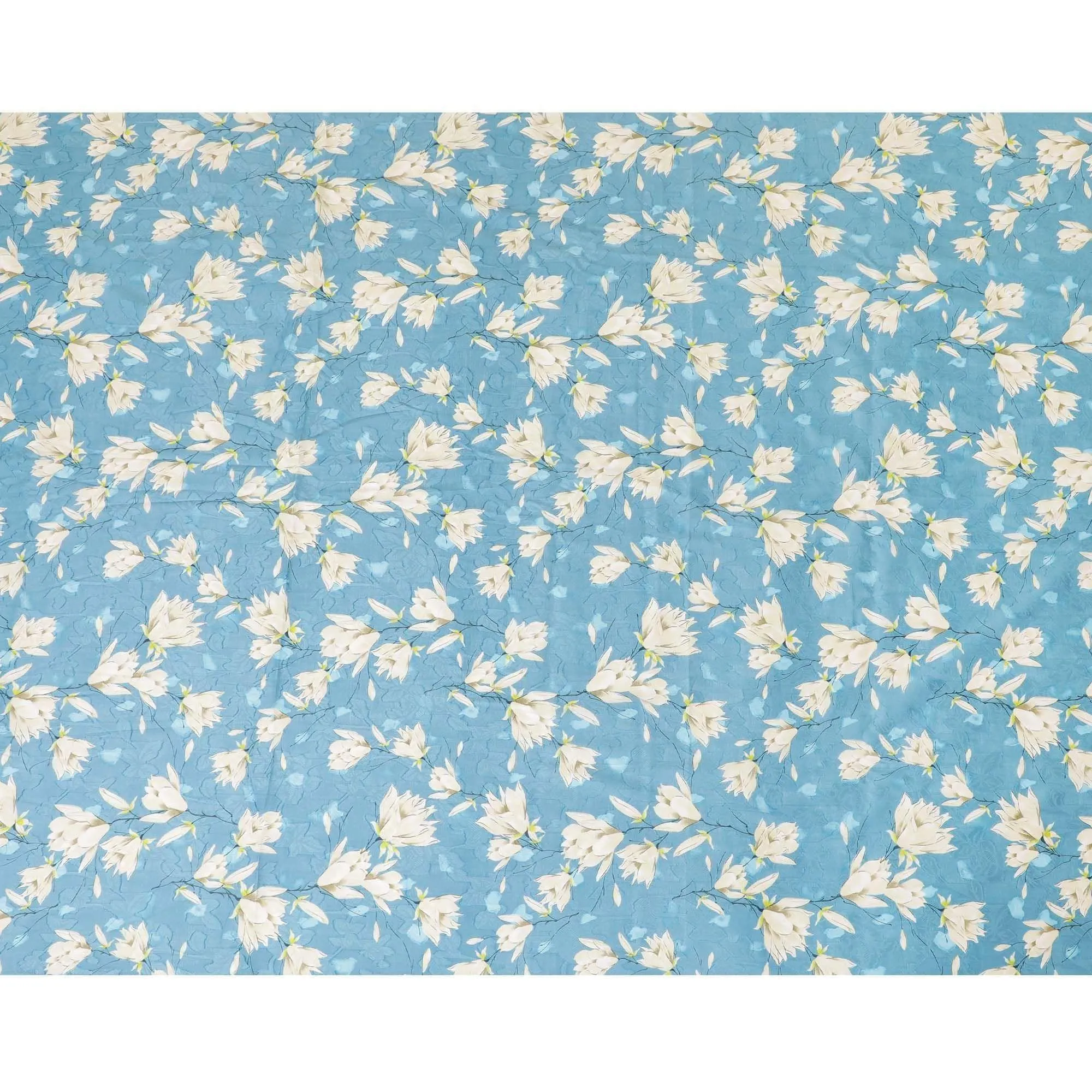 Cerulean blue uragiri cotton voile fabric with same tone jacquard having beige, pearl river grey and petrol blue print in floral design-D7324