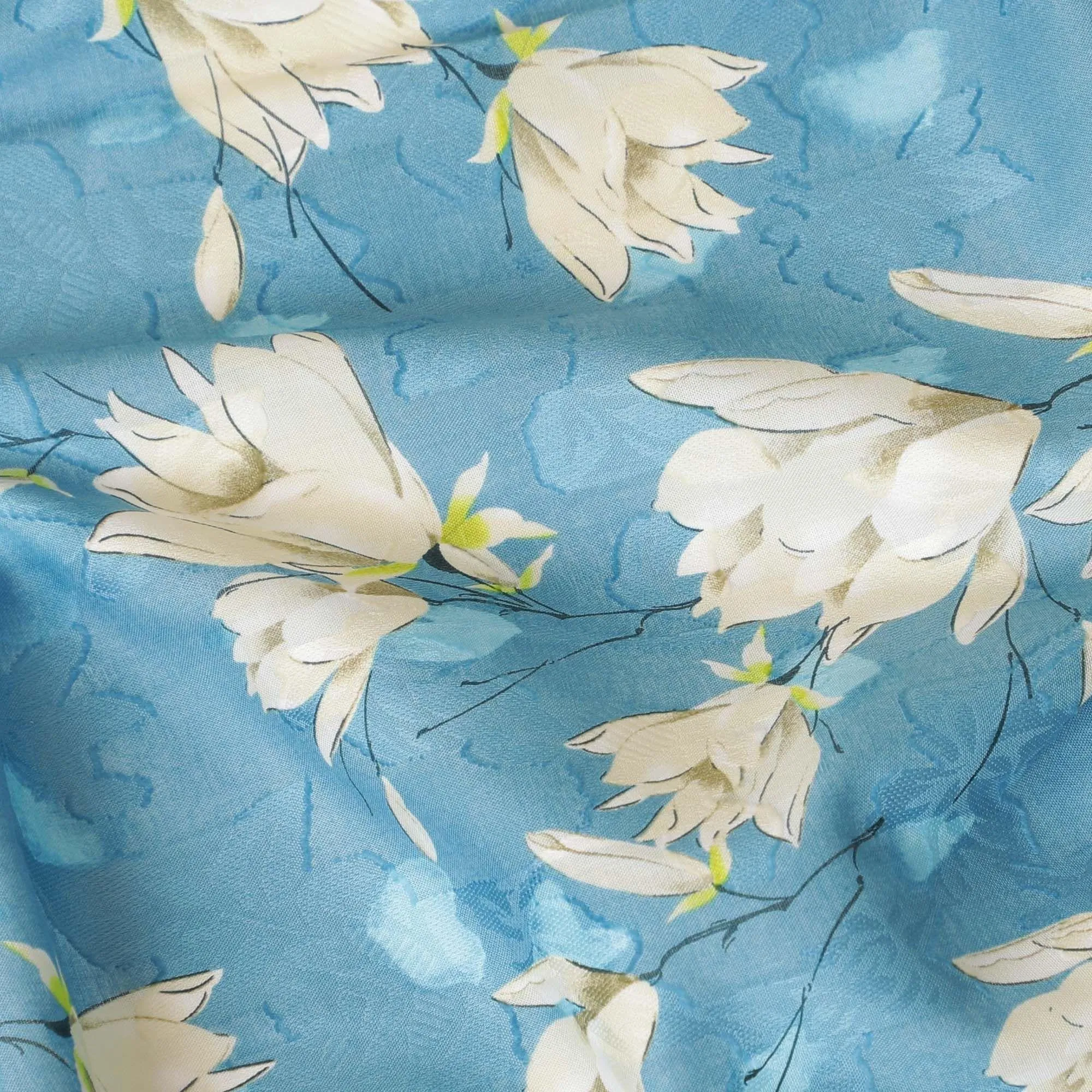 Cerulean blue uragiri cotton voile fabric with same tone jacquard having beige, pearl river grey and petrol blue print in floral design-D7324