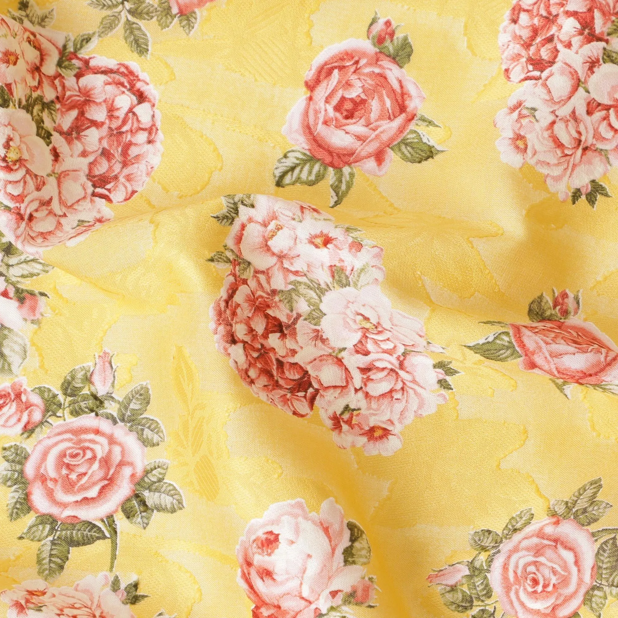 Cyber yellow uragiri cotton voile fabric with same tone jacquard having multicolor print in floral design-D10050