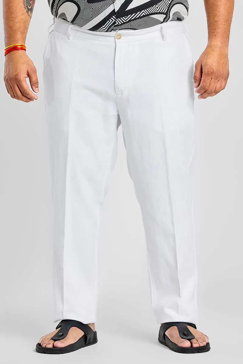 Dainty Frosty White Plain Pure Linen Regular Fit Plus Size Trousers