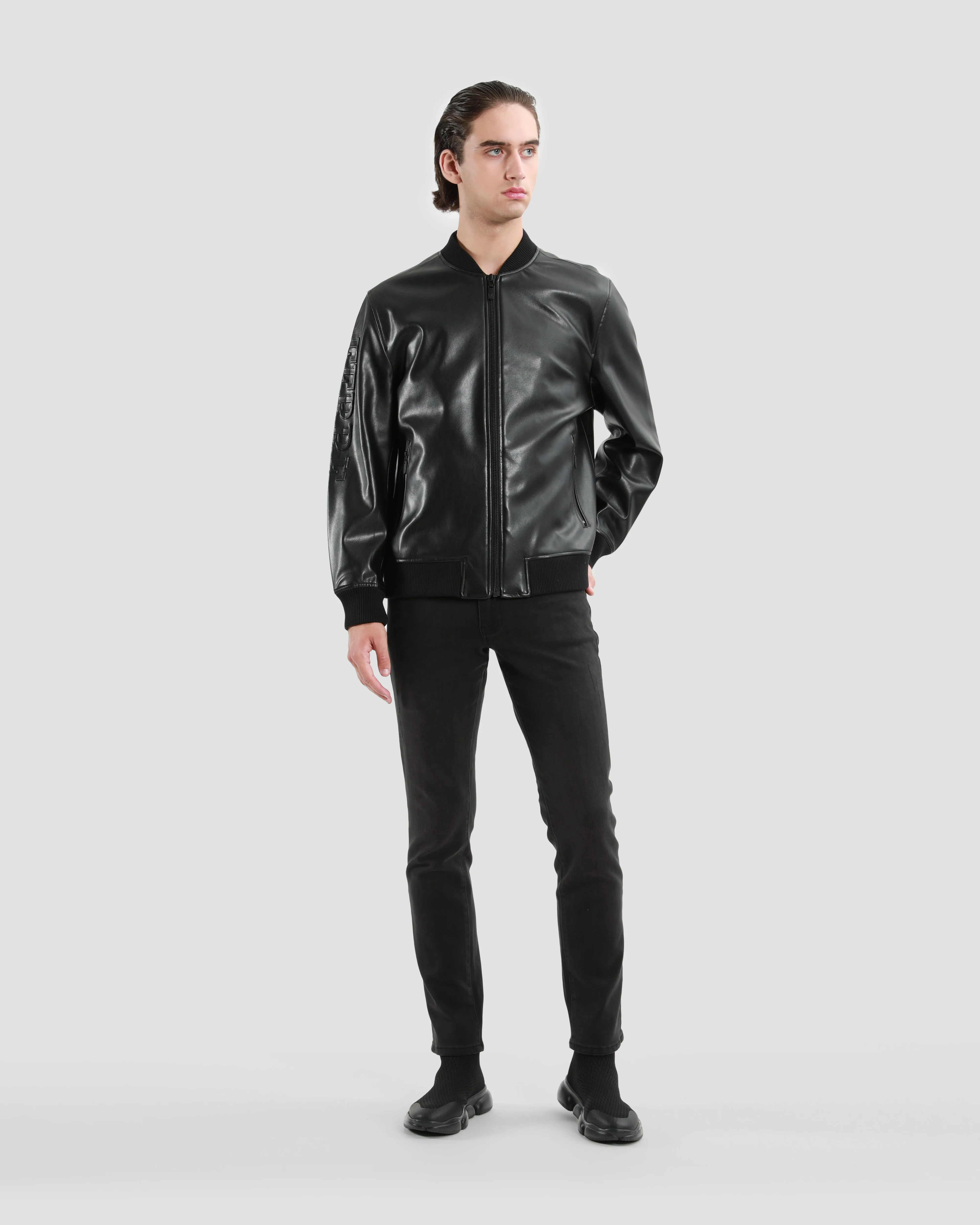 Embossed Leather Bomber Jacket