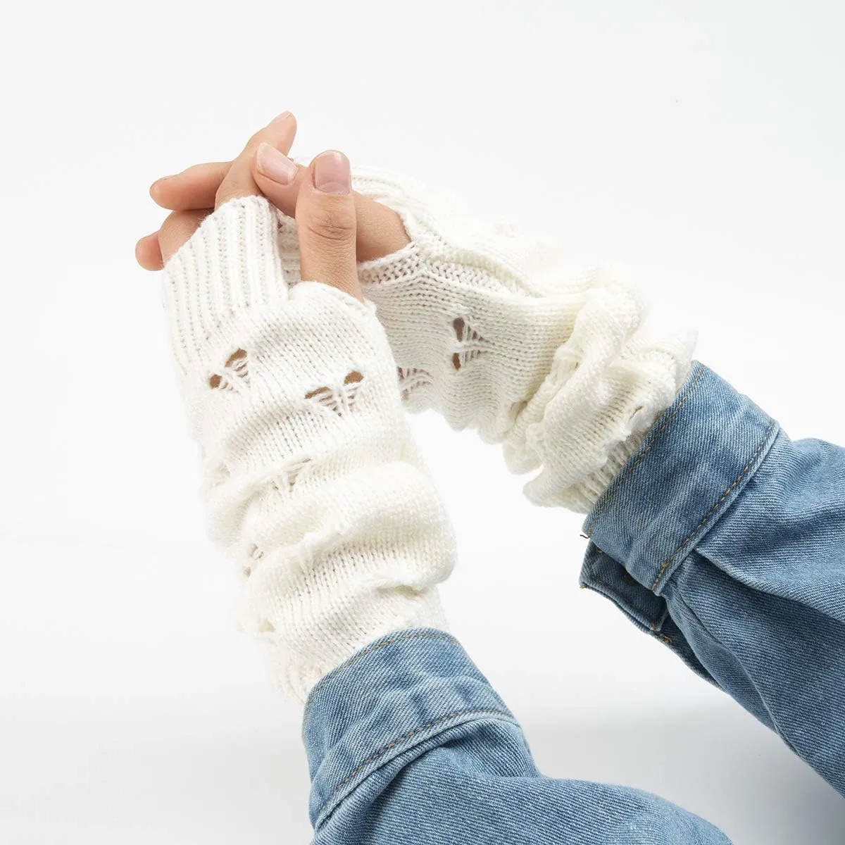 Fairy Grunge Accessories Ripped Glove Crochet Aesthetic Arm Warmers, White