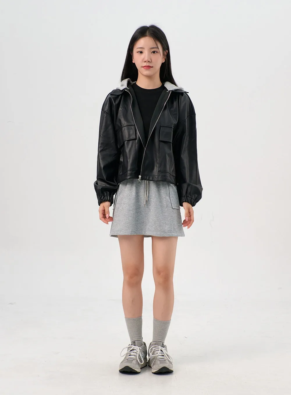 Faux Leather Jacket with Hood OG328