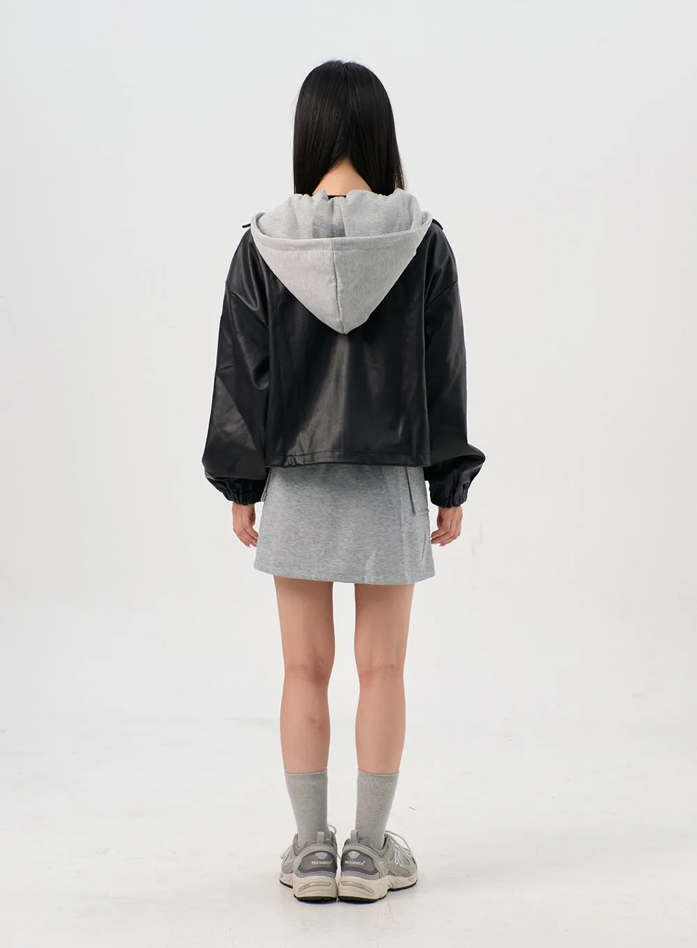 Faux Leather Jacket with Hood OG328