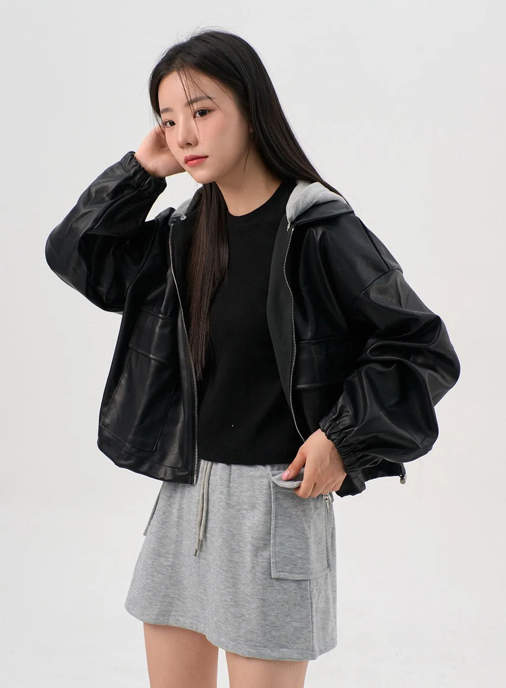 Faux Leather Jacket with Hood OG328