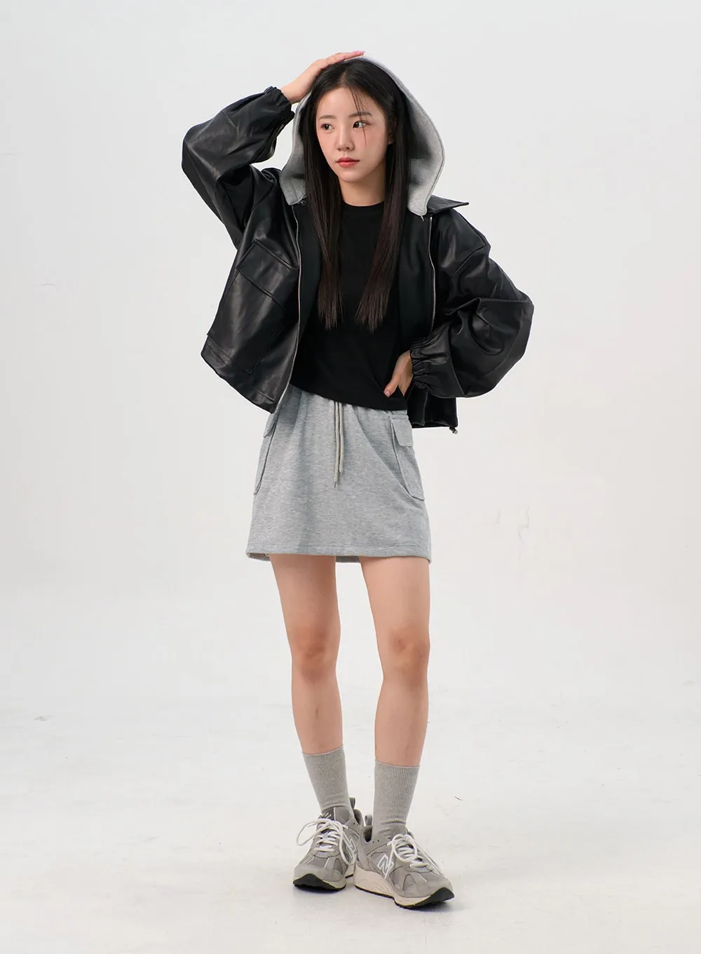 Faux Leather Jacket with Hood OG328
