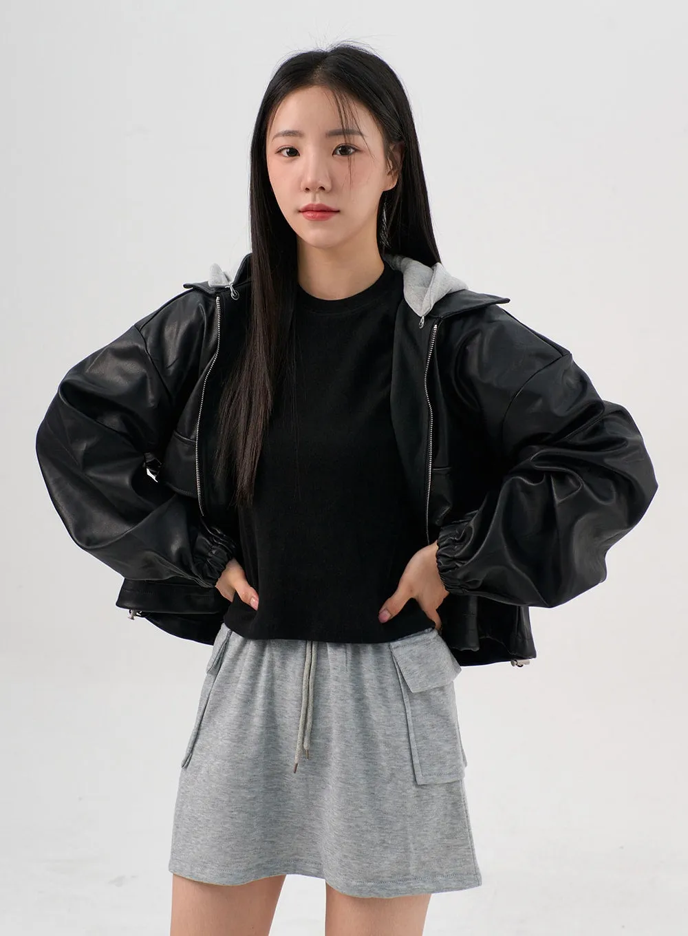Faux Leather Jacket with Hood OG328