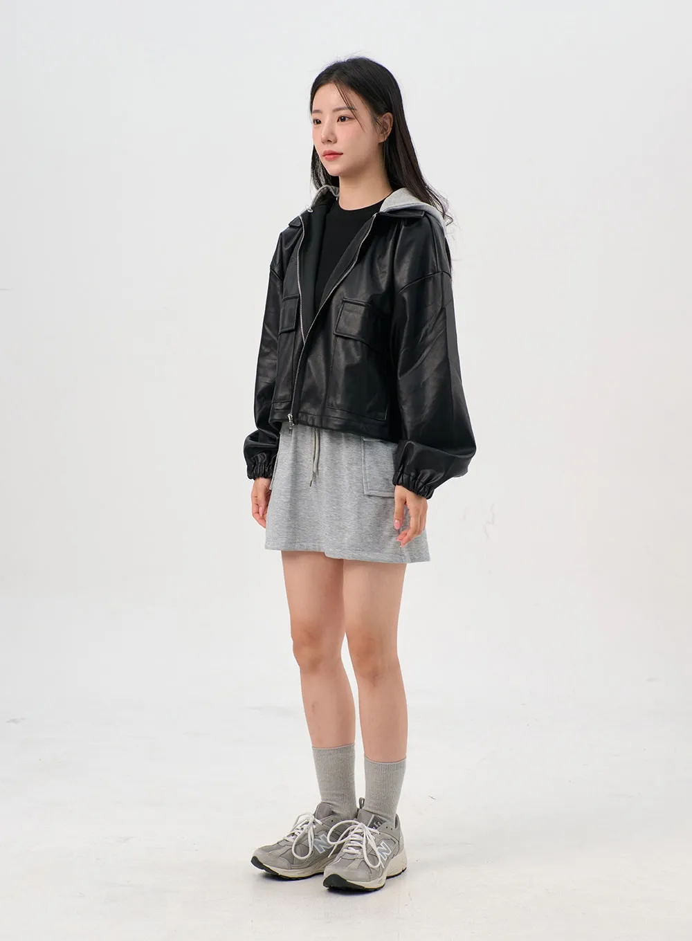 Faux Leather Jacket with Hood OG328