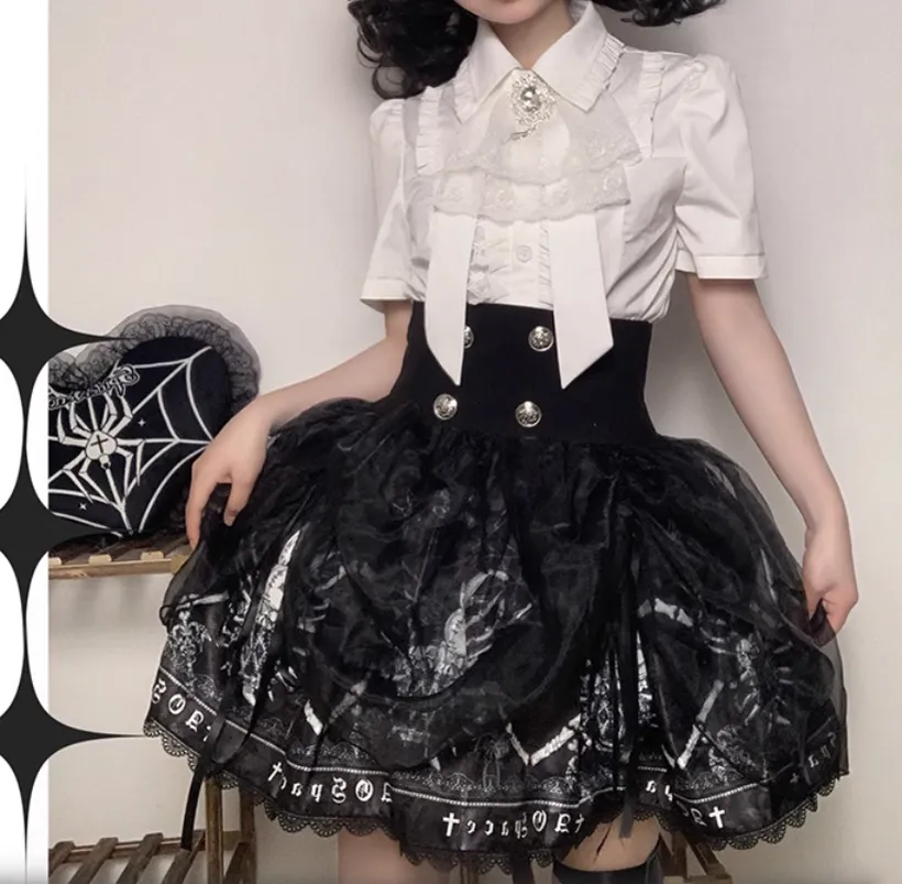 Gothic Lolita Skirt High-Waisted Print Skirt With Lace Trim