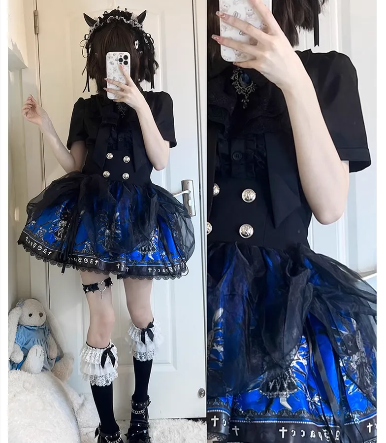 Gothic Lolita Skirt High-Waisted Print Skirt With Lace Trim