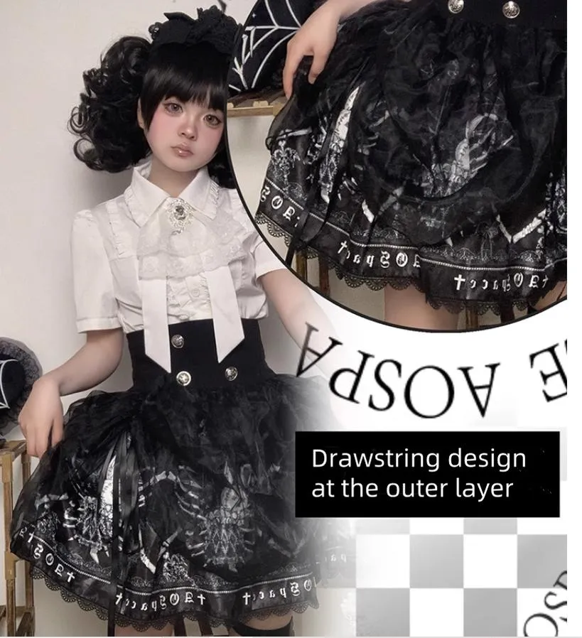 Gothic Lolita Skirt High-Waisted Print Skirt With Lace Trim