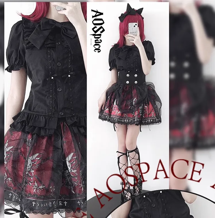 Gothic Lolita Skirt High-Waisted Print Skirt With Lace Trim