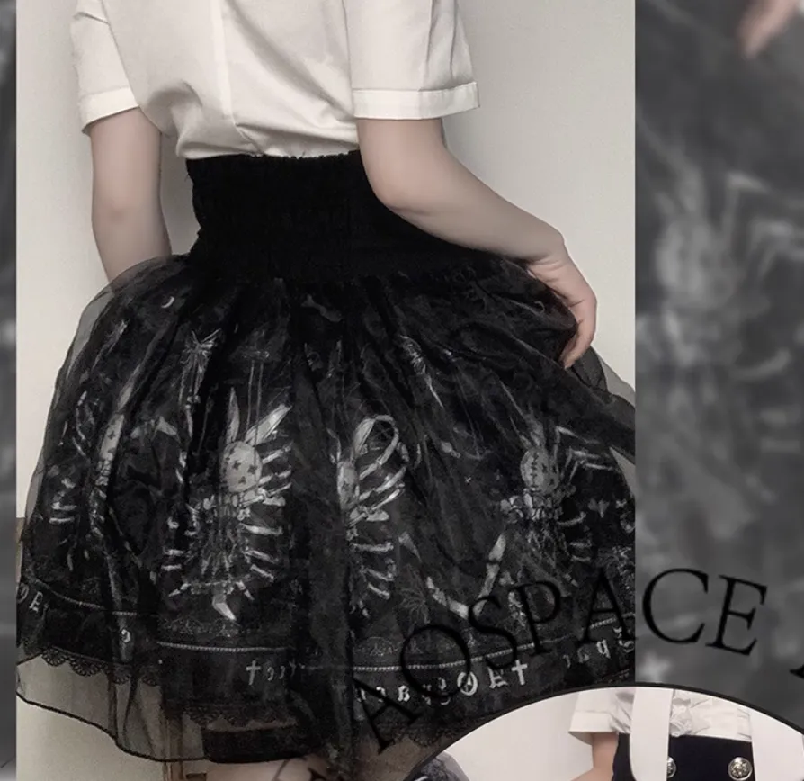 Gothic Lolita Skirt High-Waisted Print Skirt With Lace Trim