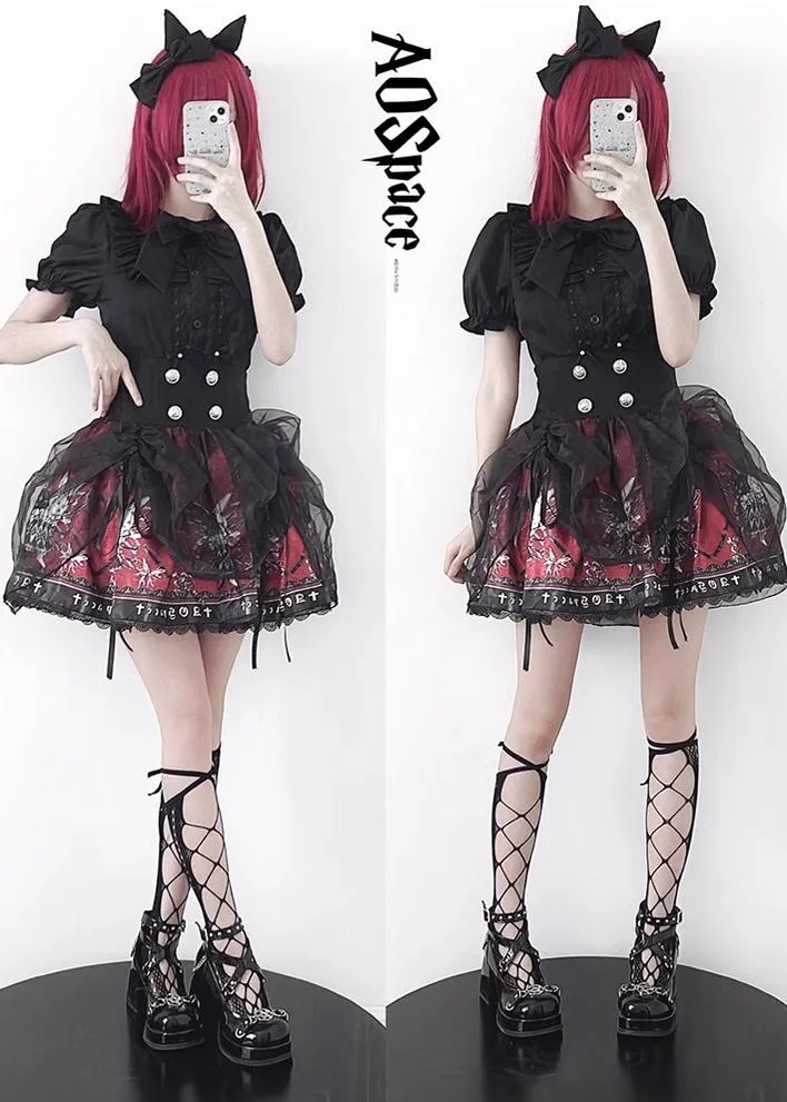 Gothic Lolita Skirt High-Waisted Print Skirt With Lace Trim