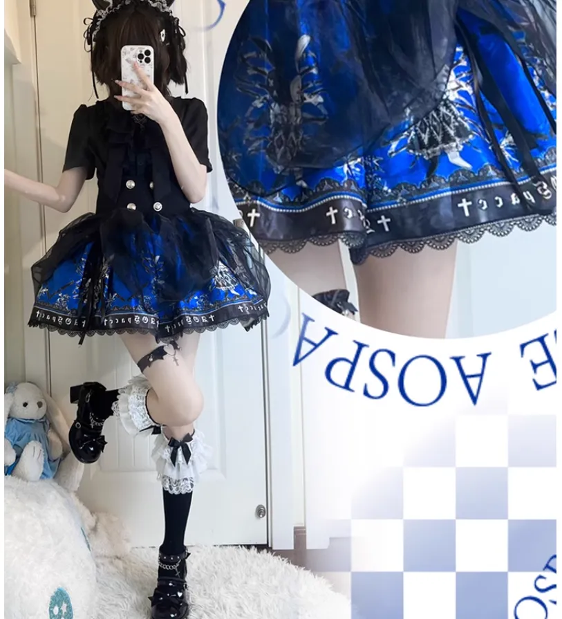 Gothic Lolita Skirt High-Waisted Print Skirt With Lace Trim