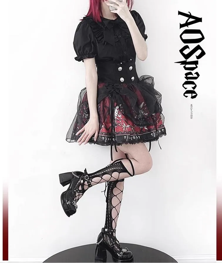 Gothic Lolita Skirt High-Waisted Print Skirt With Lace Trim