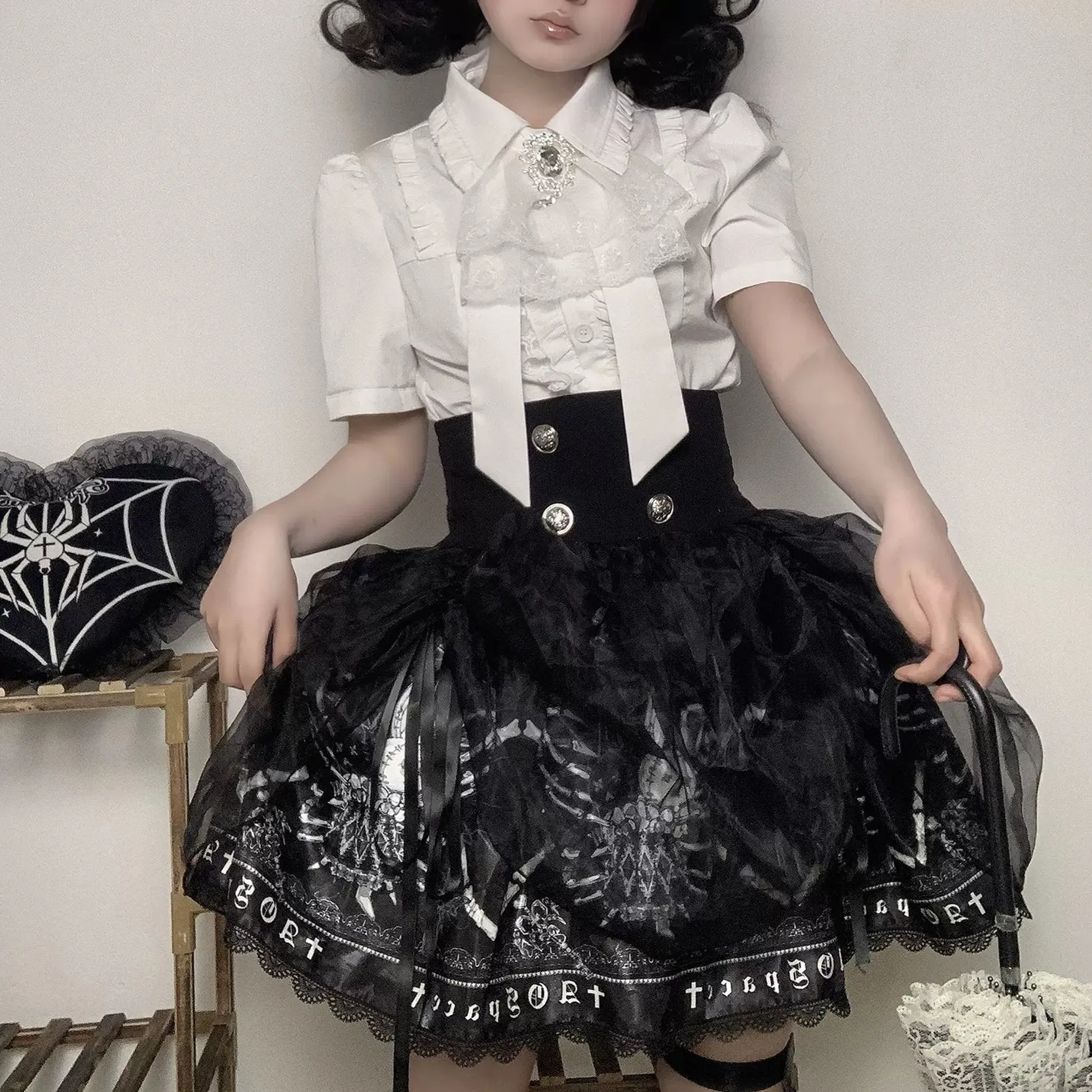 Gothic Lolita Skirt High-Waisted Print Skirt With Lace Trim