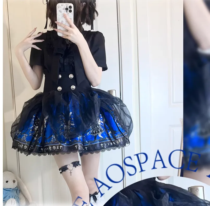 Gothic Lolita Skirt High-Waisted Print Skirt With Lace Trim