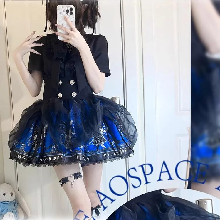 Gothic Lolita Skirt High-Waisted Print Skirt With Lace Trim