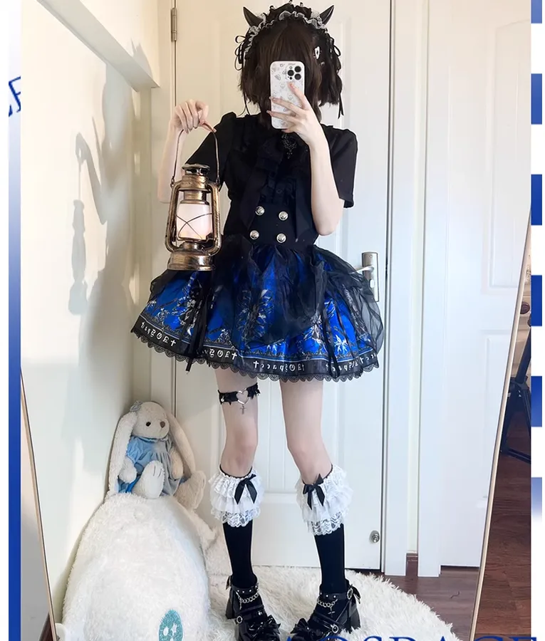 Gothic Lolita Skirt High-Waisted Print Skirt With Lace Trim