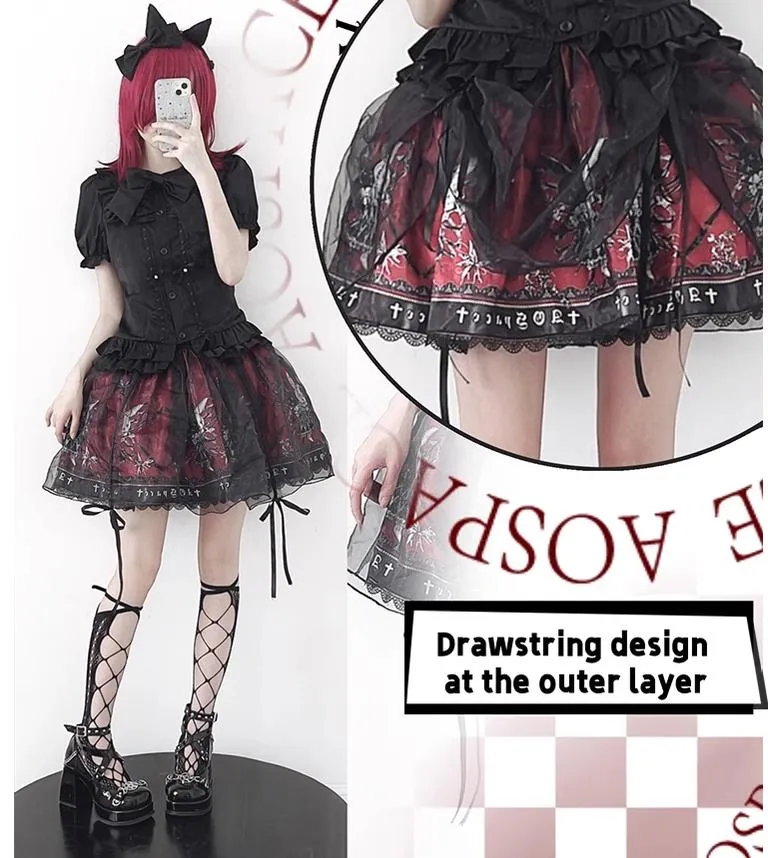 Gothic Lolita Skirt High-Waisted Print Skirt With Lace Trim