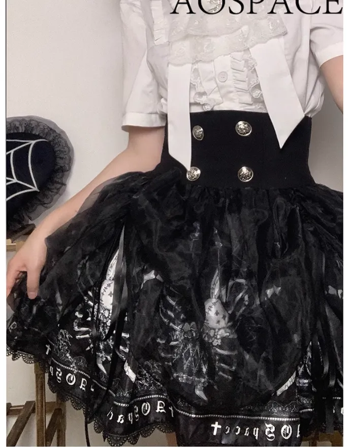 Gothic Lolita Skirt High-Waisted Print Skirt With Lace Trim