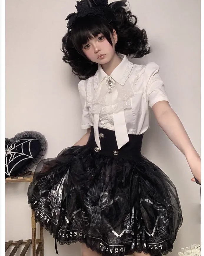 Gothic Lolita Skirt High-Waisted Print Skirt With Lace Trim