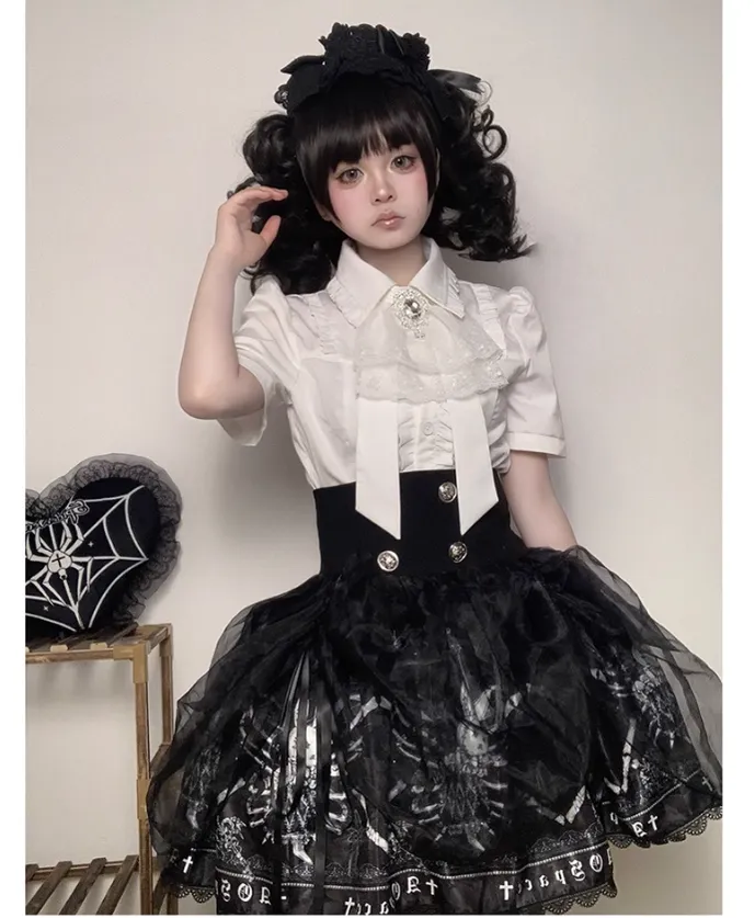 Gothic Lolita Skirt High-Waisted Print Skirt With Lace Trim