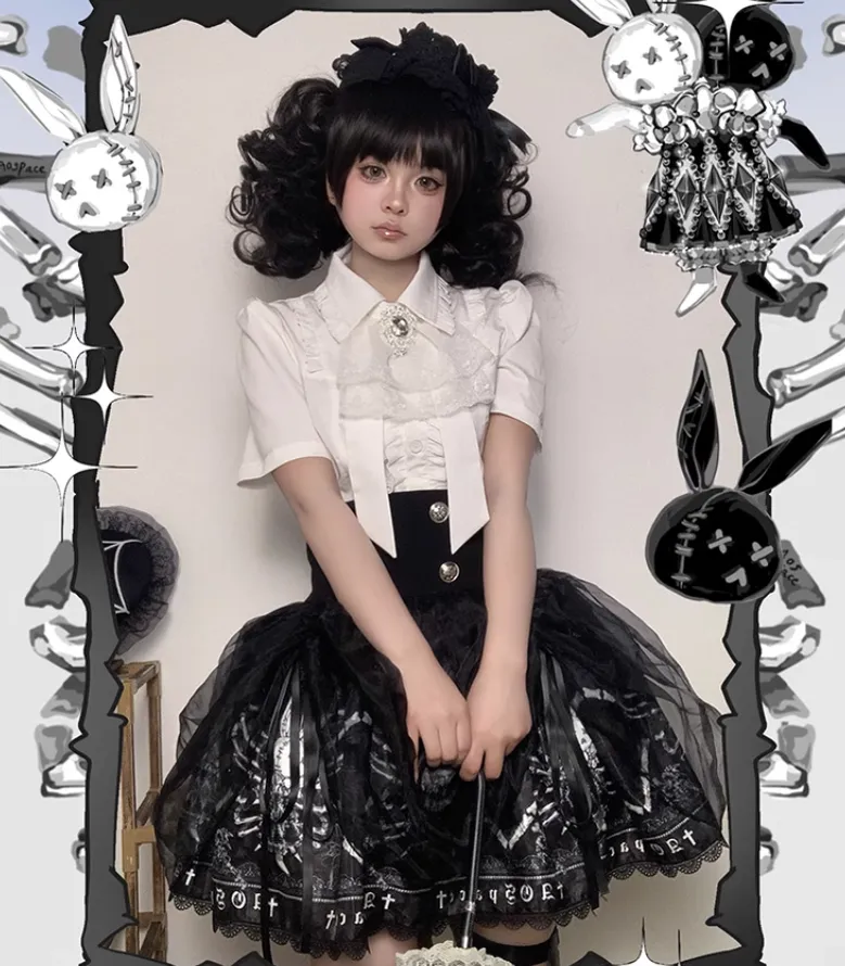 Gothic Lolita Skirt High-Waisted Print Skirt With Lace Trim