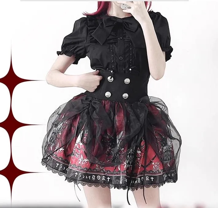 Gothic Lolita Skirt High-Waisted Print Skirt With Lace Trim