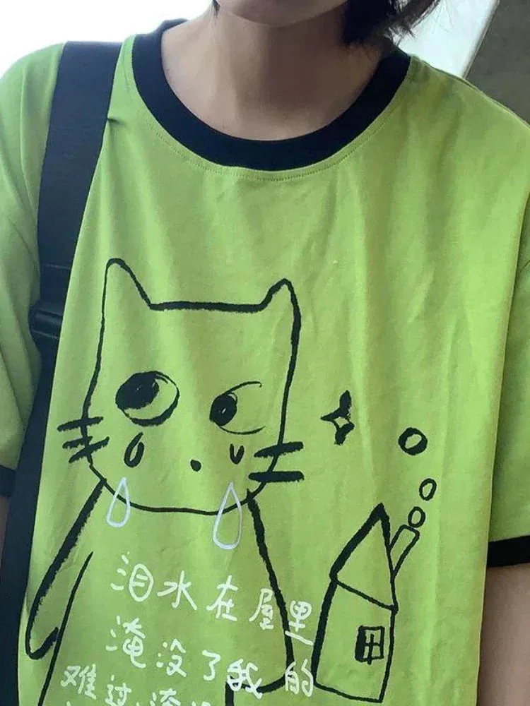 Green Harajuku Cat Print T-Shirt – Y2K Fairycore Grunge Tee From Kawaii Stop