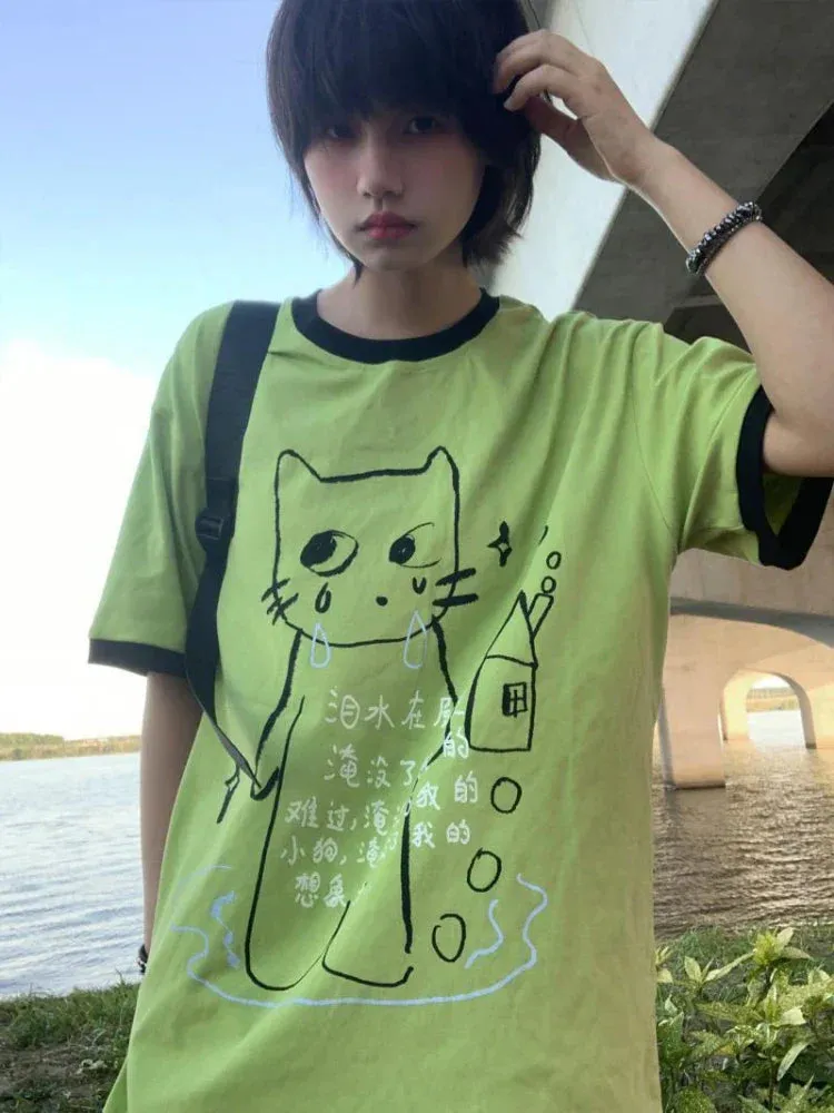 Green Harajuku Cat Print T-Shirt – Y2K Fairycore Grunge Tee From Kawaii Stop