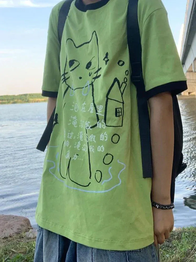 Green Harajuku Cat Print T-Shirt – Y2K Fairycore Grunge Tee From Kawaii Stop