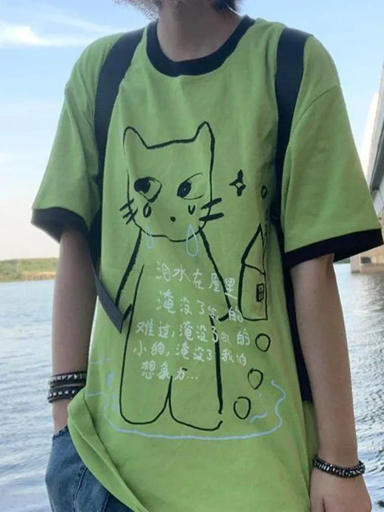Green Harajuku Cat Print T-Shirt – Y2K Fairycore Grunge Tee From Kawaii Stop