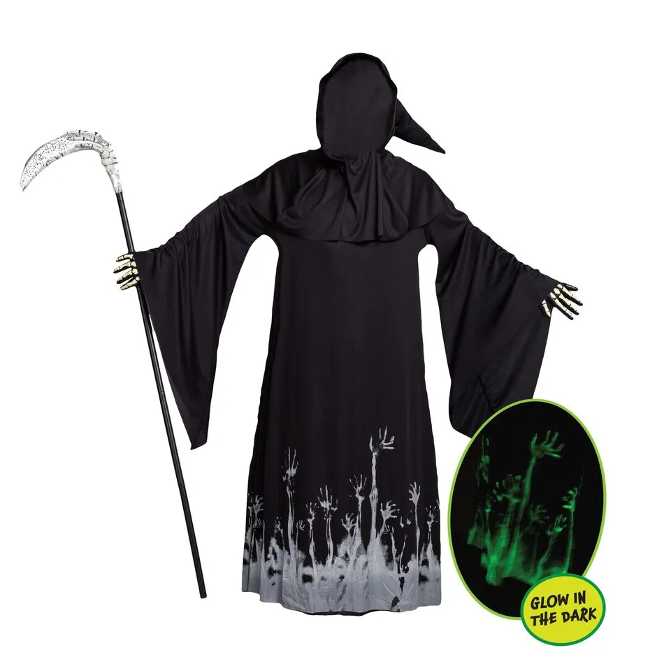 Grim Reaper Scary Skeleton Costumes with Glow Pattern for Men Cosplay