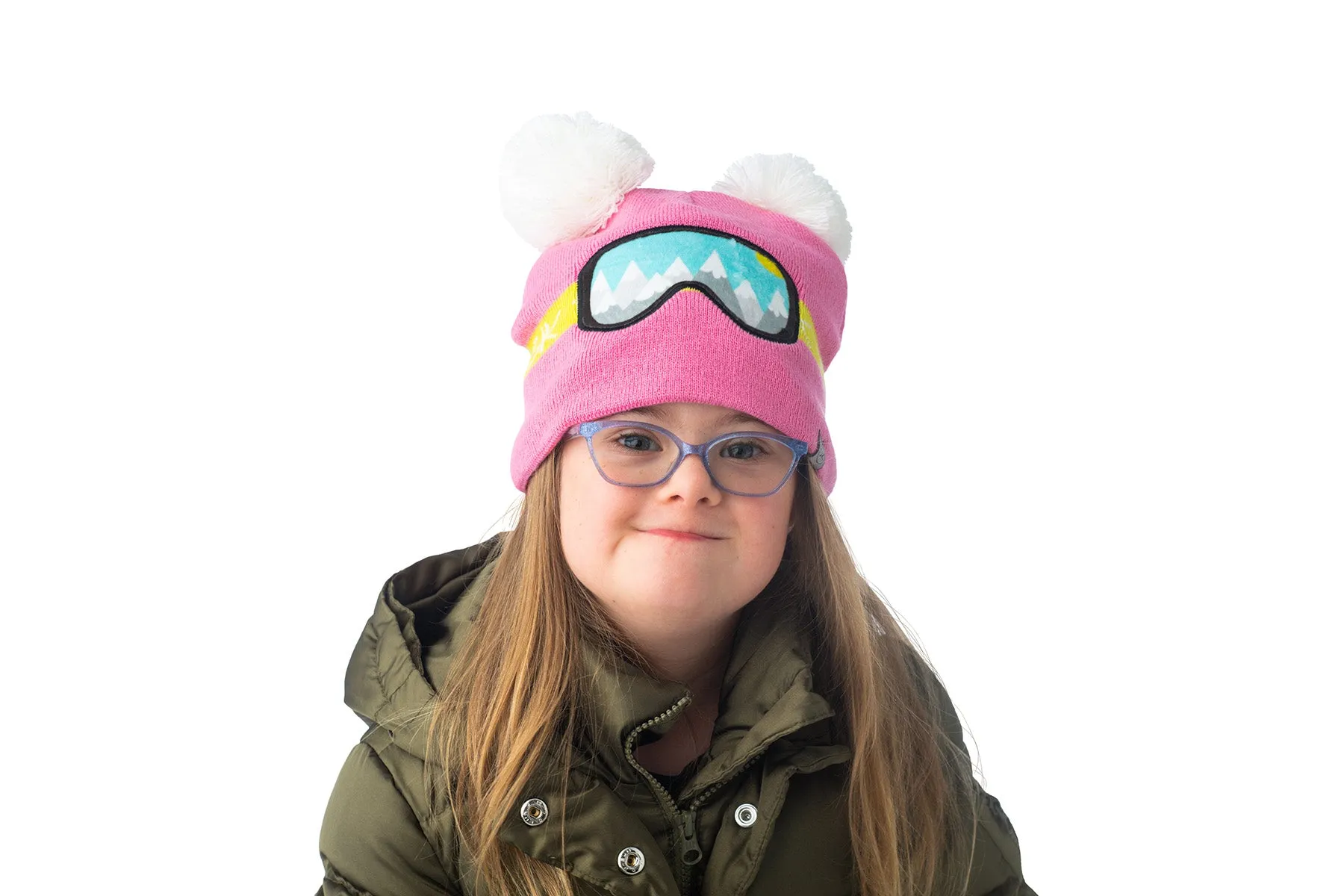 Kids Knitted Toque - Ski Goggles - Pink