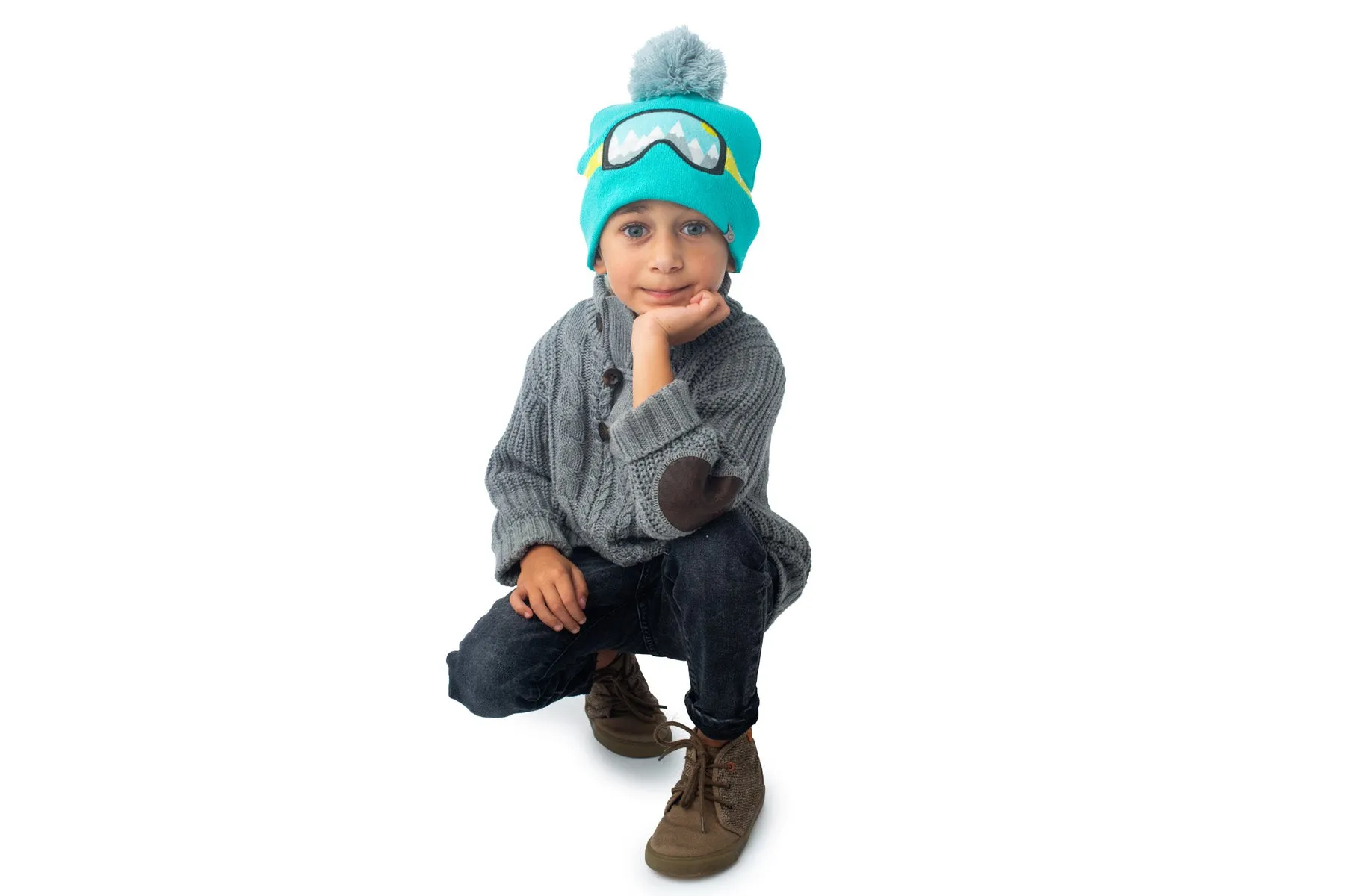 Kids Knitted Toque - Ski Goggles - Turquoise